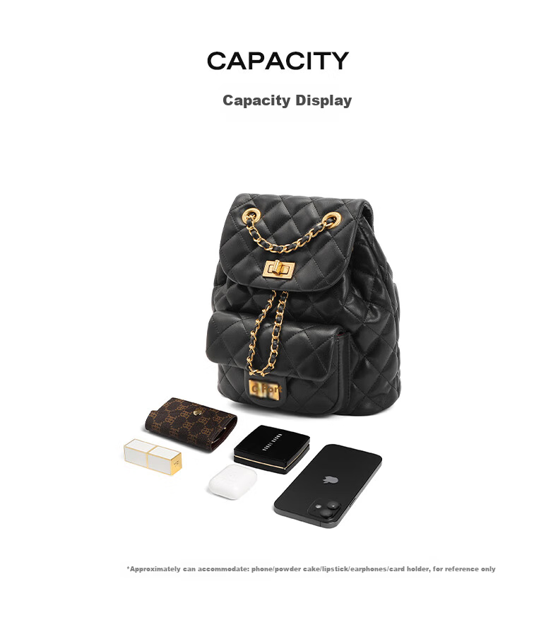 Belle Mother's Day Gift, Women's Quilted Chanel-Style Backpack, Lightweight Chain Crossbody Bag X7046CX4, Black 8