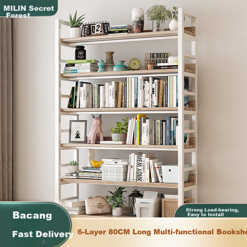 Milin Bookshelf Storage Rack, Floor-Standing Multi-Tier Organizer for Students And Home Use, Living Room Iron Art Bookcase Storage Shelf, Six Layers White 80