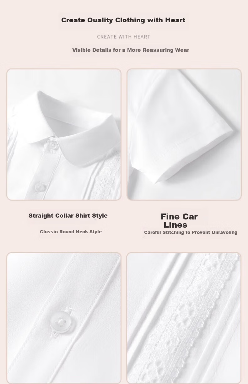 Luomeng Girls' Short-Sleeve Lace Trim White Shirt, School Uniform, Student Performance Costume, Children's Half-Sleeve Blouse, White, Size 170 4