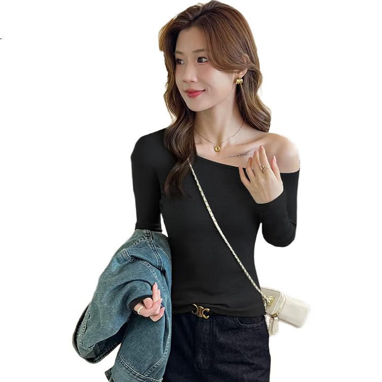 TUCANO Ribbed Base Layer Women's Raglan Slim-Fit Inner Wear, Pure Desire Long-Sleeve T-Shirt, Exposed Shoulder Hot Girl Top, Black, S