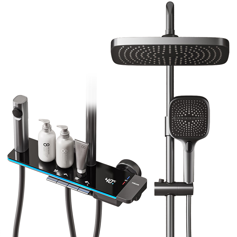 MICOE Shower Set, M7 Series, High-Pressure Brass Shower System, Piano Key Design, Constant Temperature Display, Ambient Light, Gunmetal Gray Shower Head, Complete Set