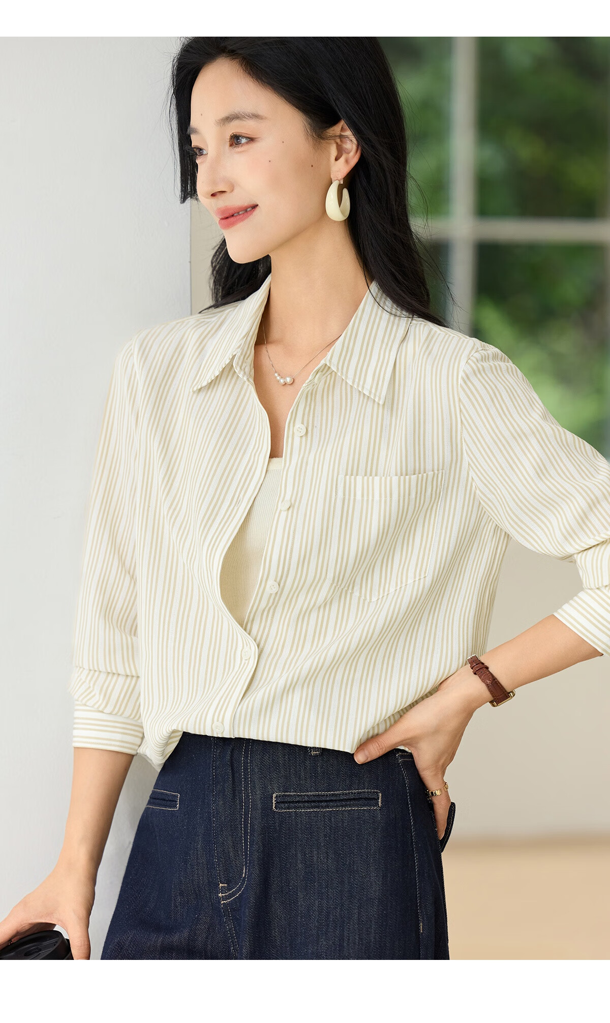 Chushen Women's Spring and Autumn Long Sleeve Shirt Fashion Vertical Striped Versatile Commuter Casual Blouse S53S021 13