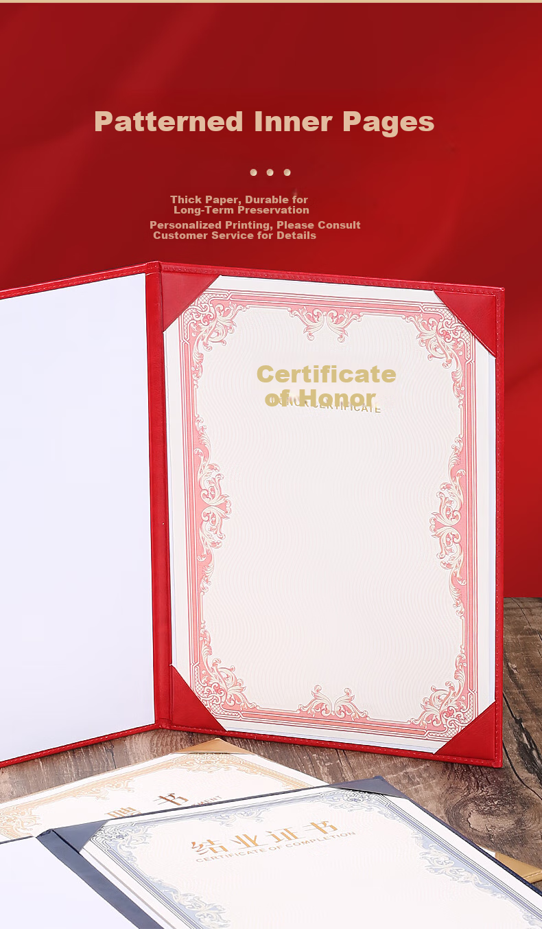 SHEN SHI A4 Leather High-Quality Certificate Cover for Diplomas, Honorary Certificates, Graduation Certificates, Training Certificates, with Inner Pages That Can Print Logo, Vertical Blue (Graduation Certificate) Inner Page 1 Sheet 9
