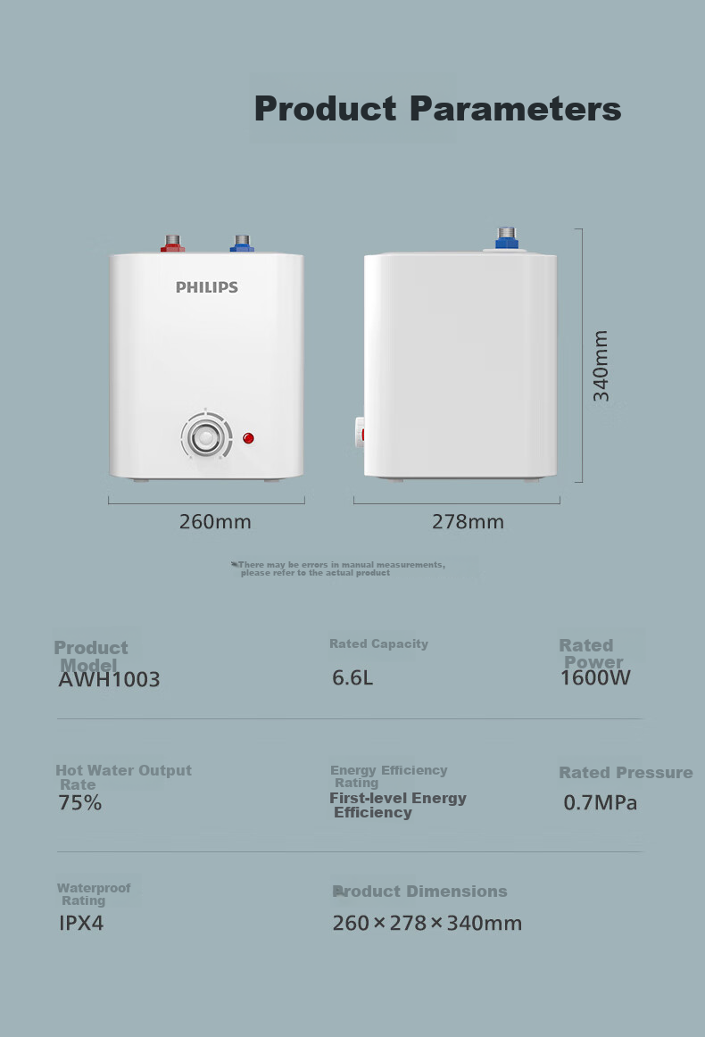 PHILIPS 7-Liter Compact Kitchen Electric Water Heater, First-Class Energy Efficiency, 2200W Rapid Heating, Household Kitchen Hot Water Tank, Under-Counter, Subsidy 15%, Small Size AWH1013/93 12