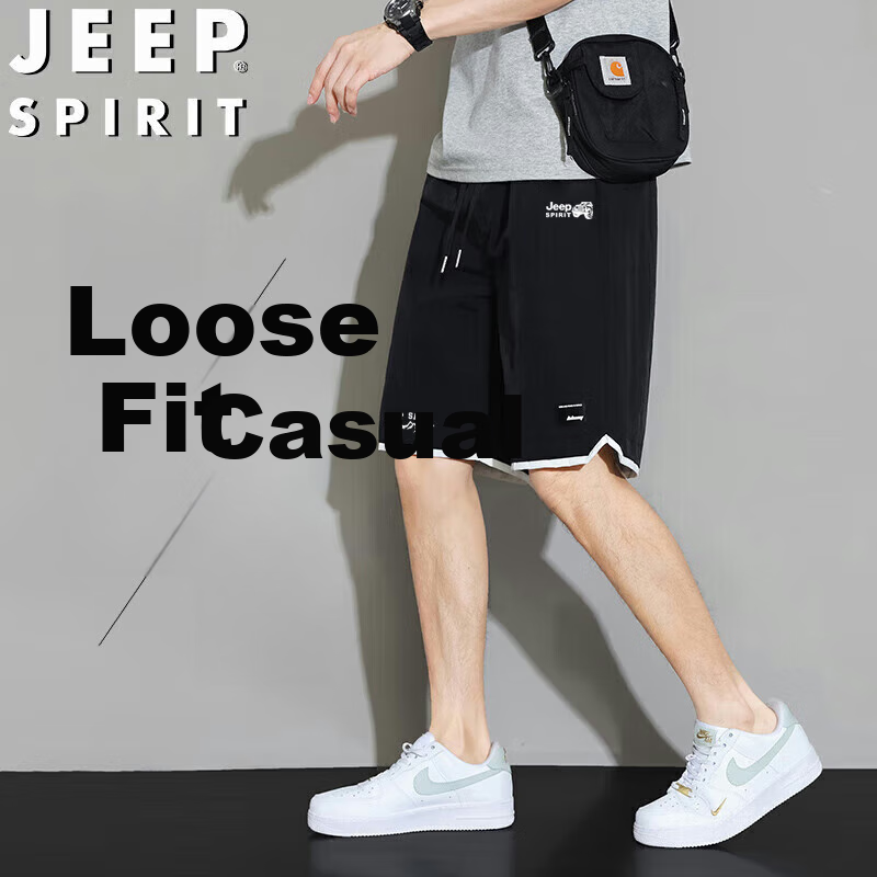 JEEP SPIRIT Men's Shorts, Summer New Style Loose-Fit Five-Point Pants, Quick-Dry Sports Menswear, Black, XL