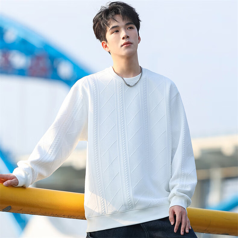 Huili Men's Sweatshirt, Round Neck Long Sleeve T-Shirt, Autumn American Trendy Casual Sports Jacquard Men's Sweatshirt, Black, 2XL 8