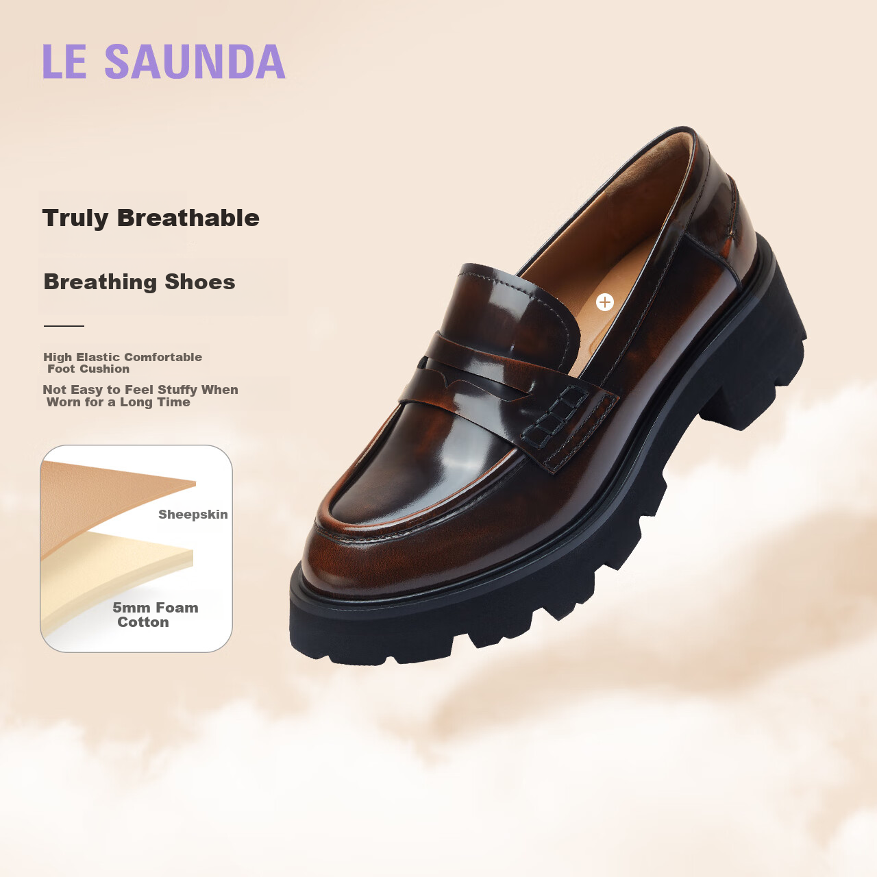 Le Saunda Family Spring And Summer New British Retro Chunky Heel Loafers for Women 45301, Vintage Brown BRB, Size 37