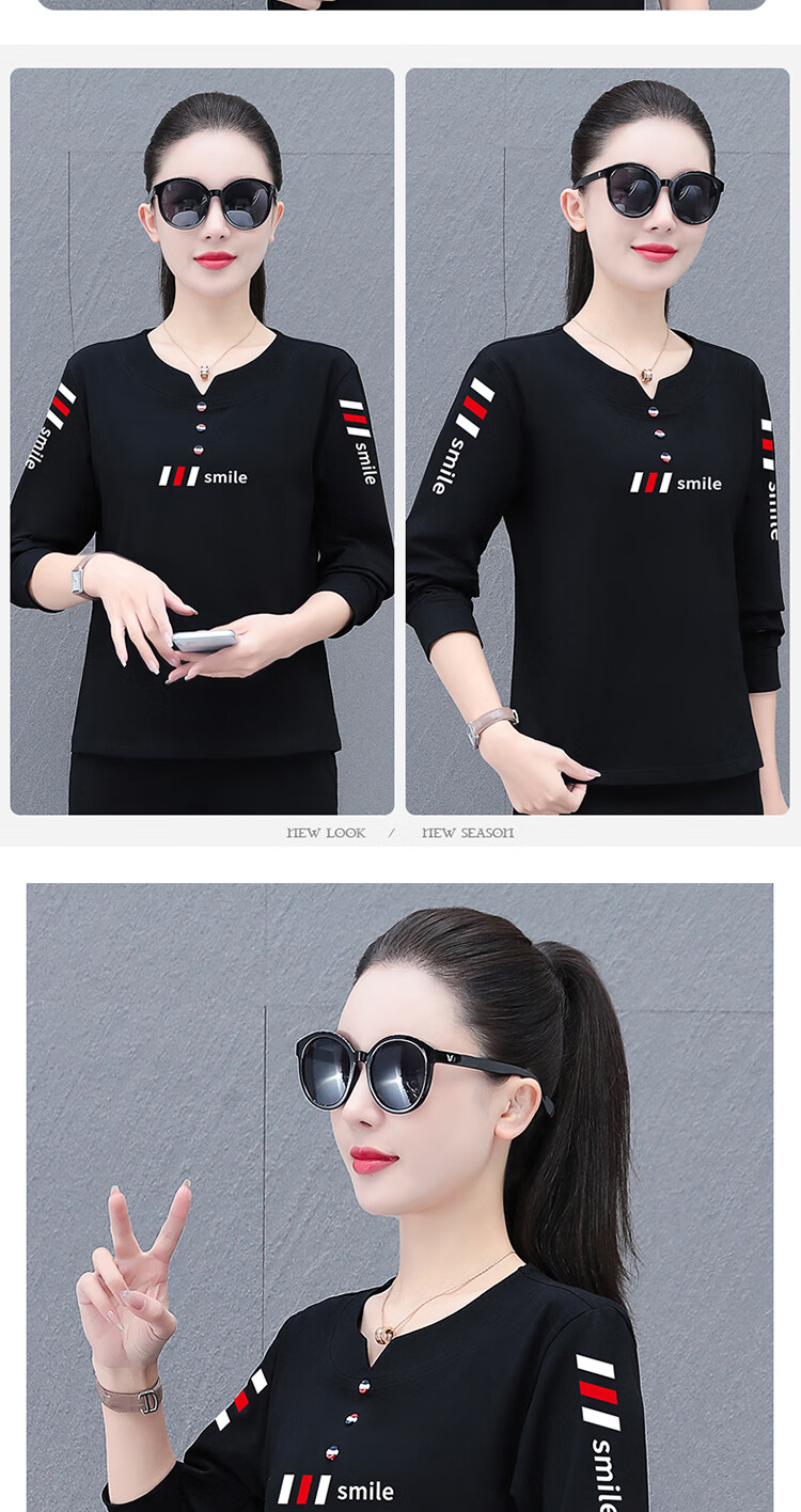 Woodpecker Pure Cotton Regular Shoulder Long Sleeve T-Shirt Women Autumn New Casual Plus Size Slim Fit Base Shirt Top Black 3XL 8