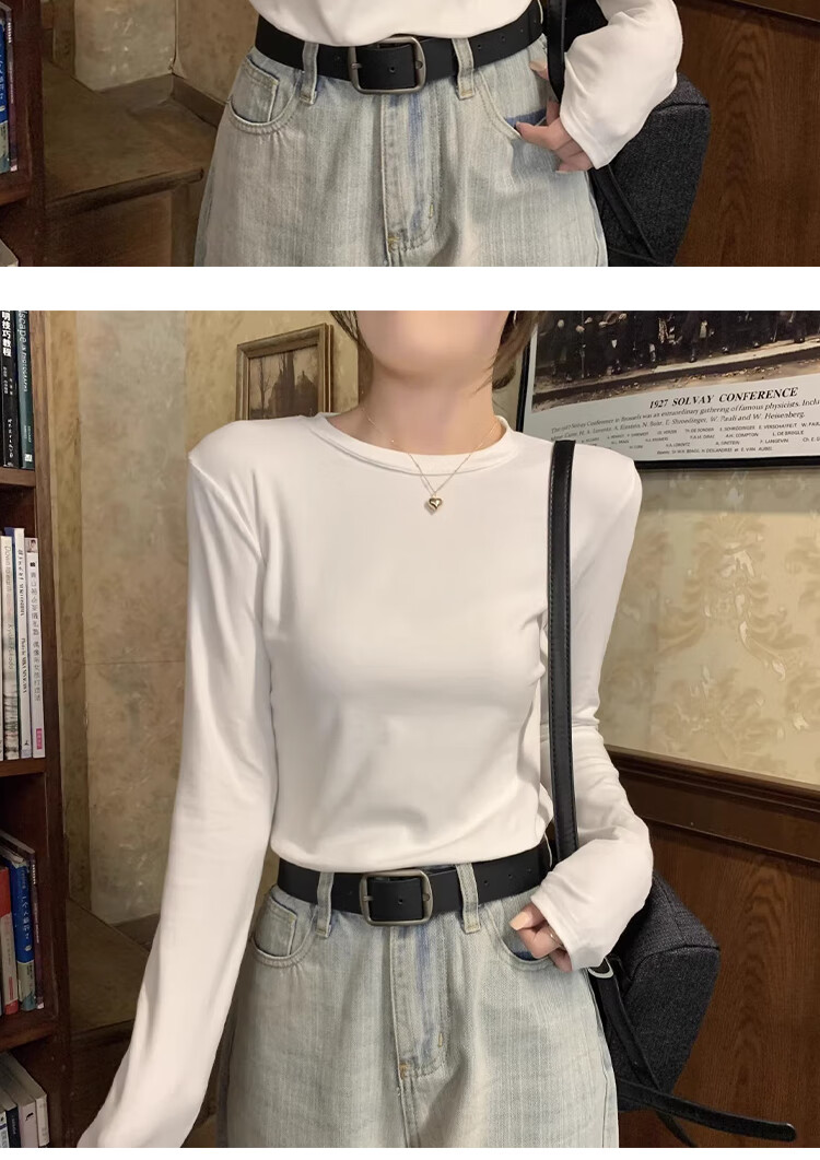 La Chapelle Women's Pure Cotton Base Shirt 2025 New Slim Fit Round Neck Long Sleeve T-Shirt Top Light Gray S 7