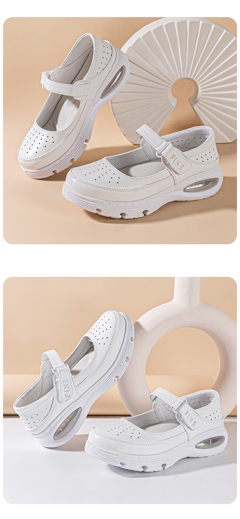 Feiying Cushion Nurse Shoes Women Spring Summer Genuine Leather Hollow Magic Tape Medical Work Shoes 2-2003 White 38 11