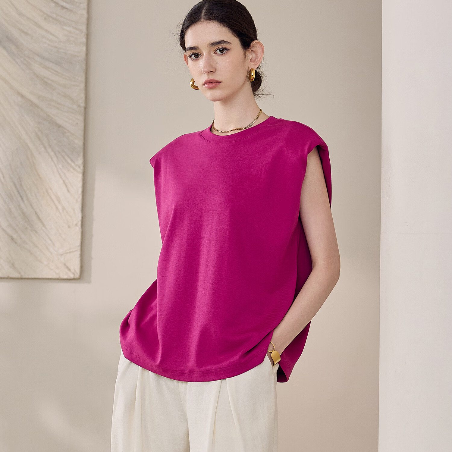 ROEYSHOUSE Women's Casual Sleeveless Cotton T-Shirt Summer Loose Fit Round Neck Top 12330 Rose Red L