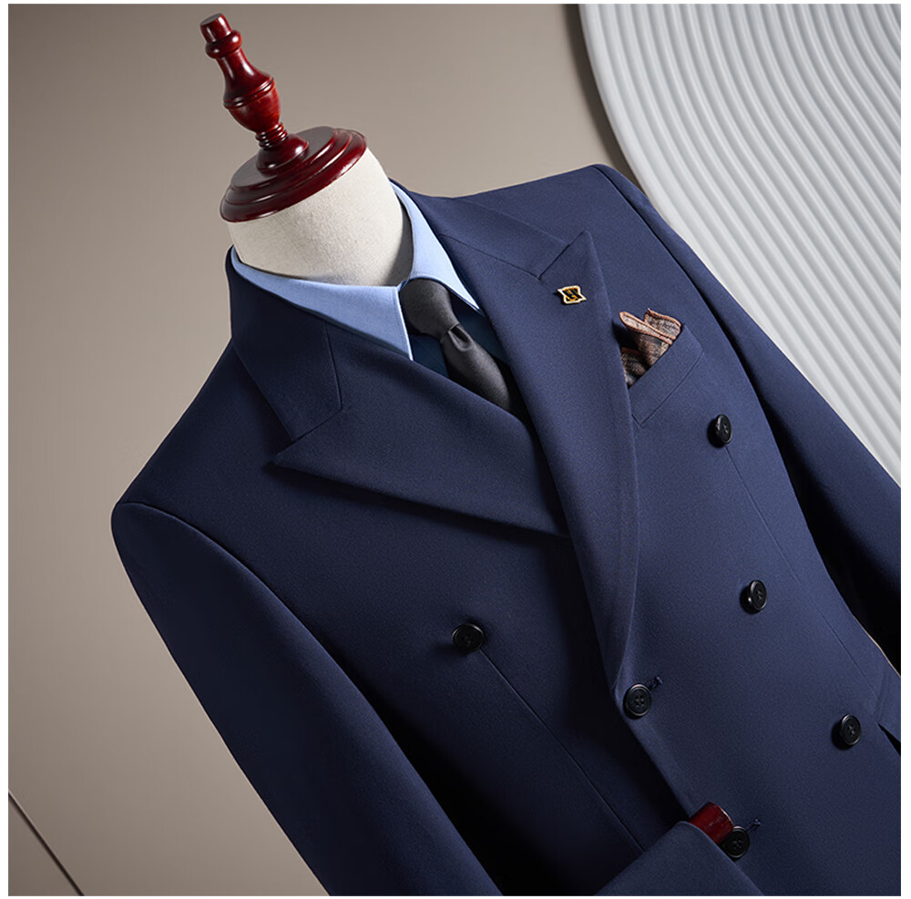 ROMON Men's Business Suit Set Blazer + Vest + Trousers Double-Breasted Casual Navy Blue 3XL 14