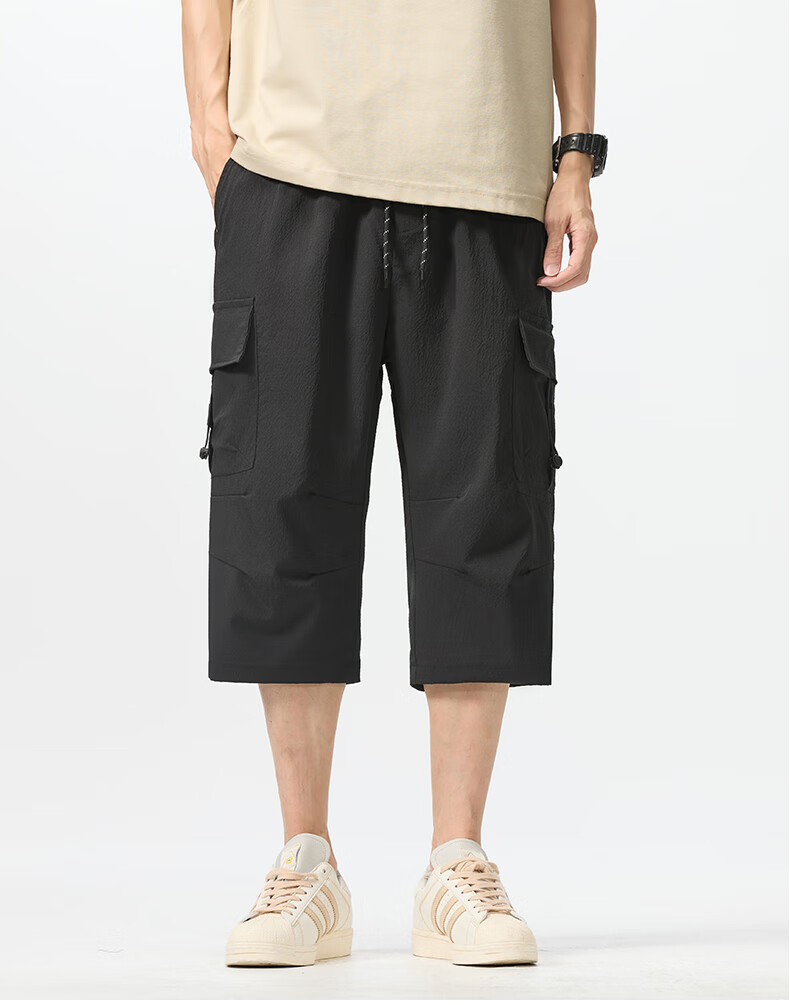 :CHOCOOLATE Men's Cargo Shorts, Trendy Loose-Fit Sports Pants, Summer Ice Silk Casual Shorts for Men, Black, 4XL 4