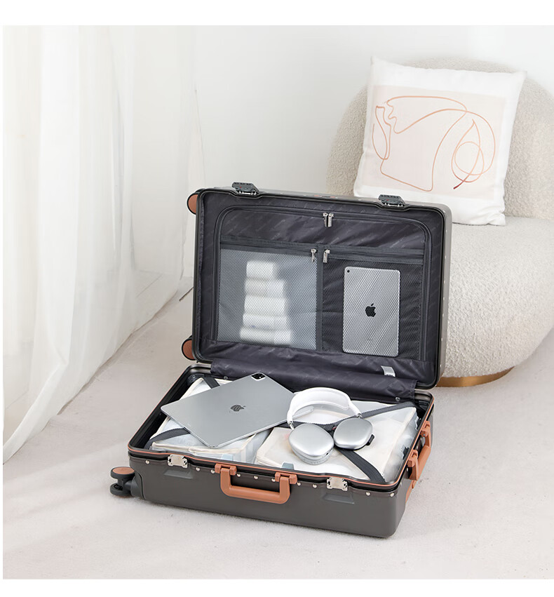 Reebok Aluminum Frame PC Luggage Suitcase, Multi-Functional Carry-On Travel Case, Password Lock Suitcase, English Gray-Brown, 20 Inches 10
