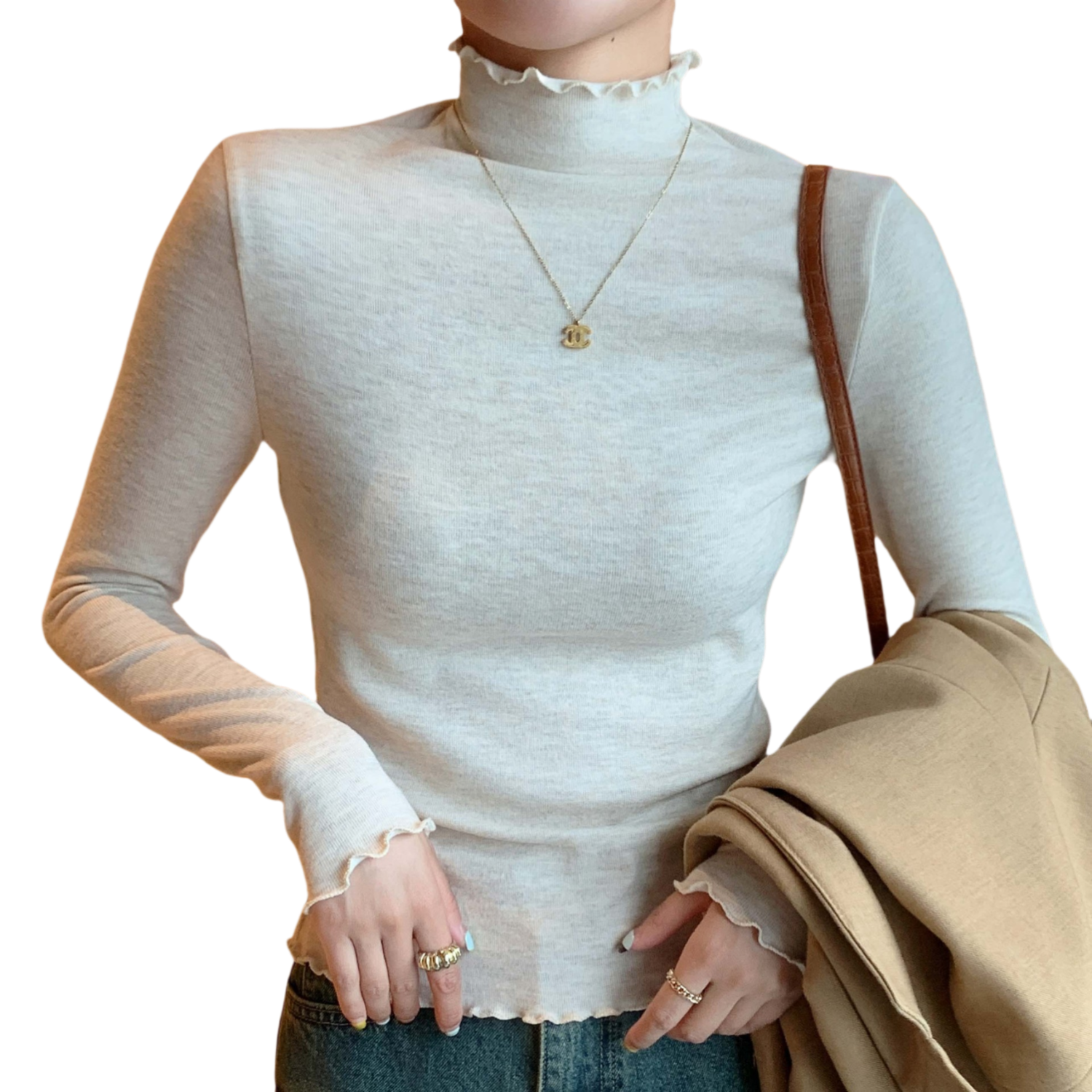 LangSha Ruffled Edge Half Turtleneck Slim Fit Knit Top for Women Spring Autumn New Stylish Outerwear