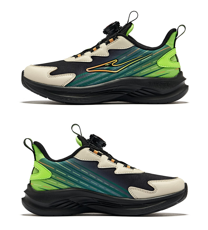 ERKE Children's Shoes, Big And Small Kids Running Shoes, Children's Rotary Buckle Sneakers, Yufeng Black/fluorescent Digital Green, Size 40 37