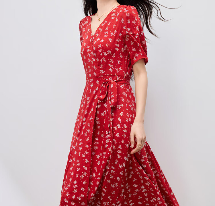 Sentubila Elegant Vacation Style V-Neck Dress for Women Summer Lantern Sleeve High Waist Floral Mermaid Slimming Mid-Length Dress 18