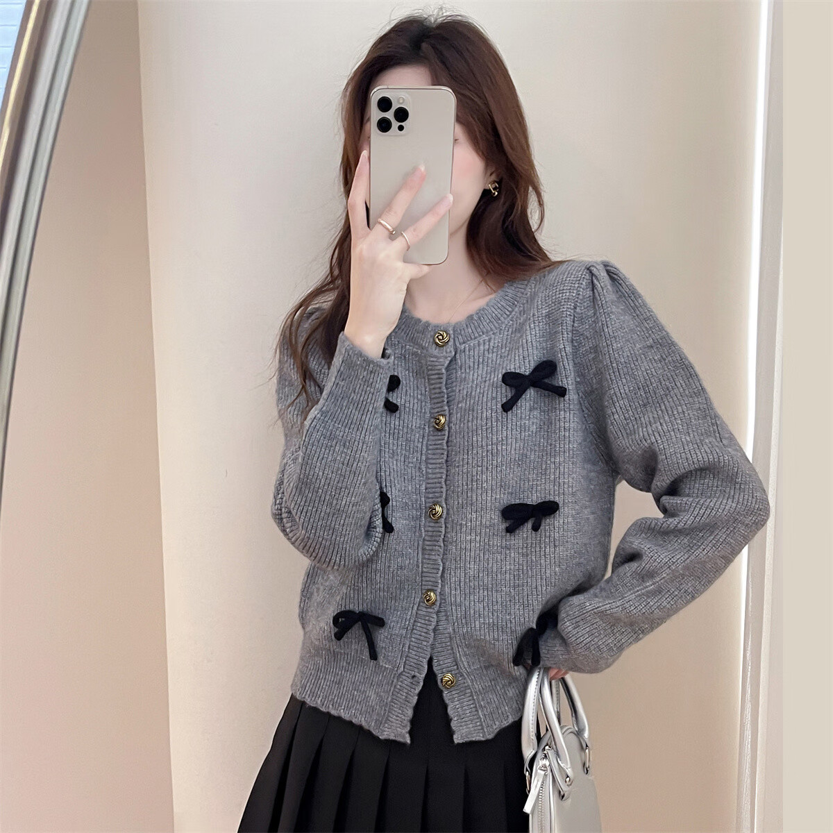 TonLion 2025 Autumn Round Neck Bow Design Cardigan, Gentle Style, Sweet And Versatile, Korean-Style Knit Sweater