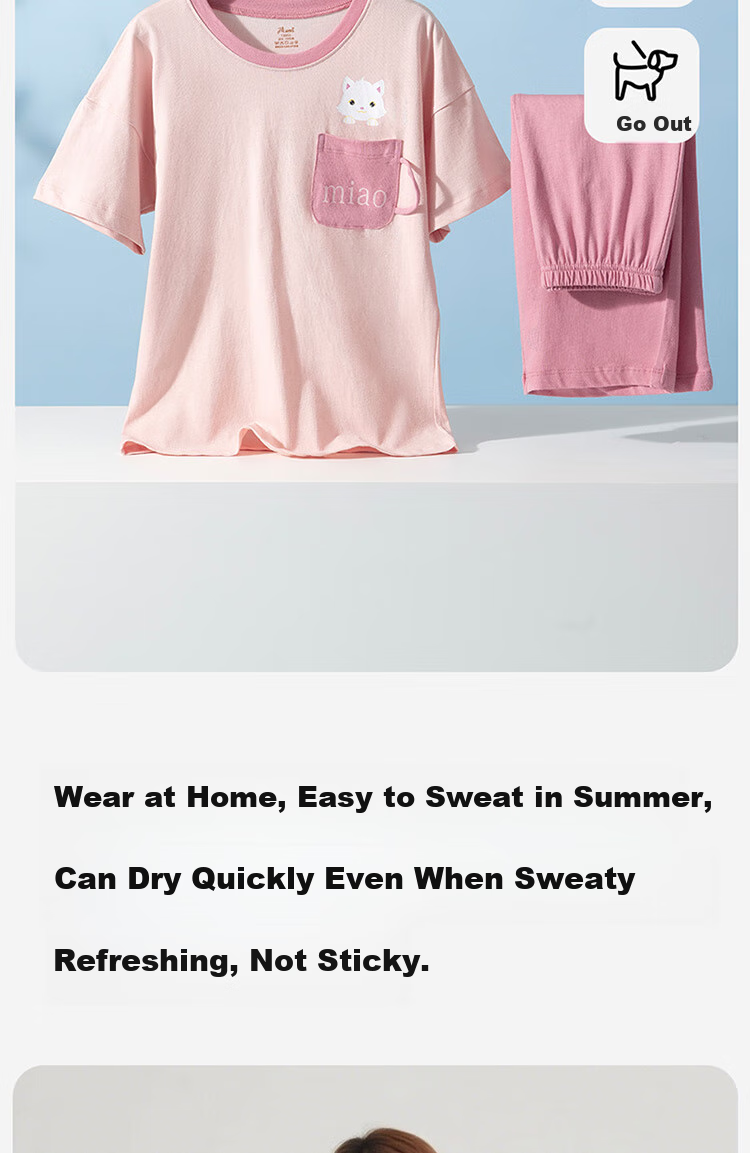 Dingguagua Children's Pajamas, Pure Cotton Summer Girls' Home Wear Set, All-Cotton Breathable Thin Style for Older Children, Girls' Pink, Size 170 2