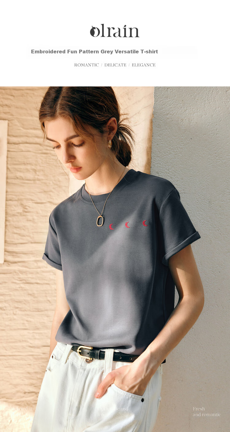 Olrain Gray Short-Sleeve T-Shirt for Women, Elegant Office Wear with Fun Embroidery Design, Gray, Size L 1
