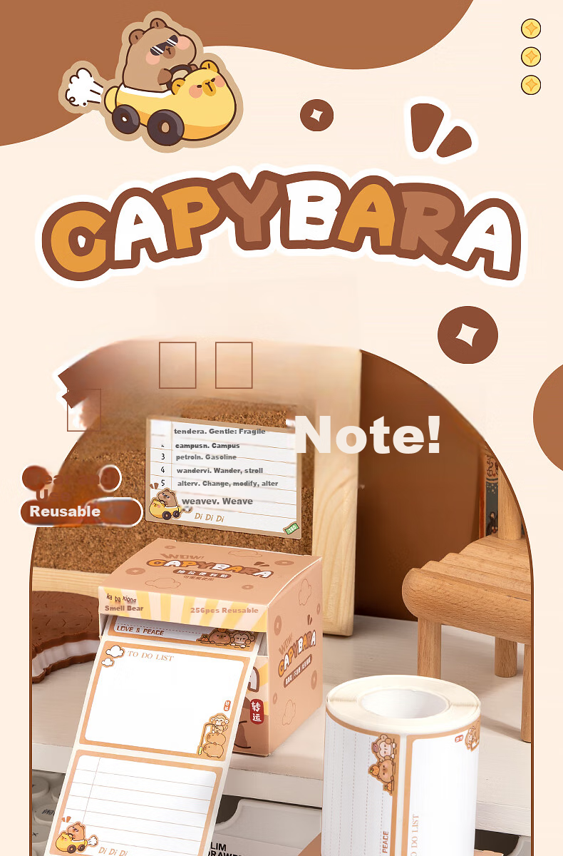 Kabaxiong Pull-Out Sticky Notes 256 Pieces, High-Quality Cartoon Cute Student Memo Pads, Strong Adhesive Medium-Sized Sticky Notes, Kapibara 1
