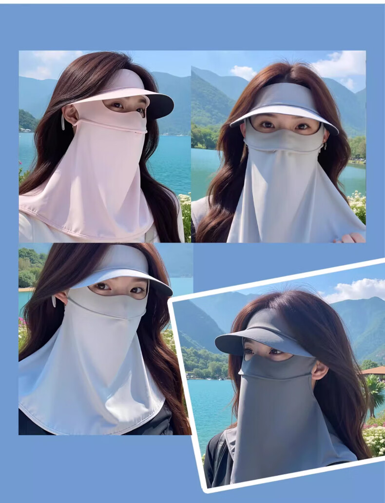 XUEXIMAN Women's Summer Sunscreen Face Mask UV Protection Ice Silk Full Face Neck Guard Breathable Cycling Hat and Mask Set 8