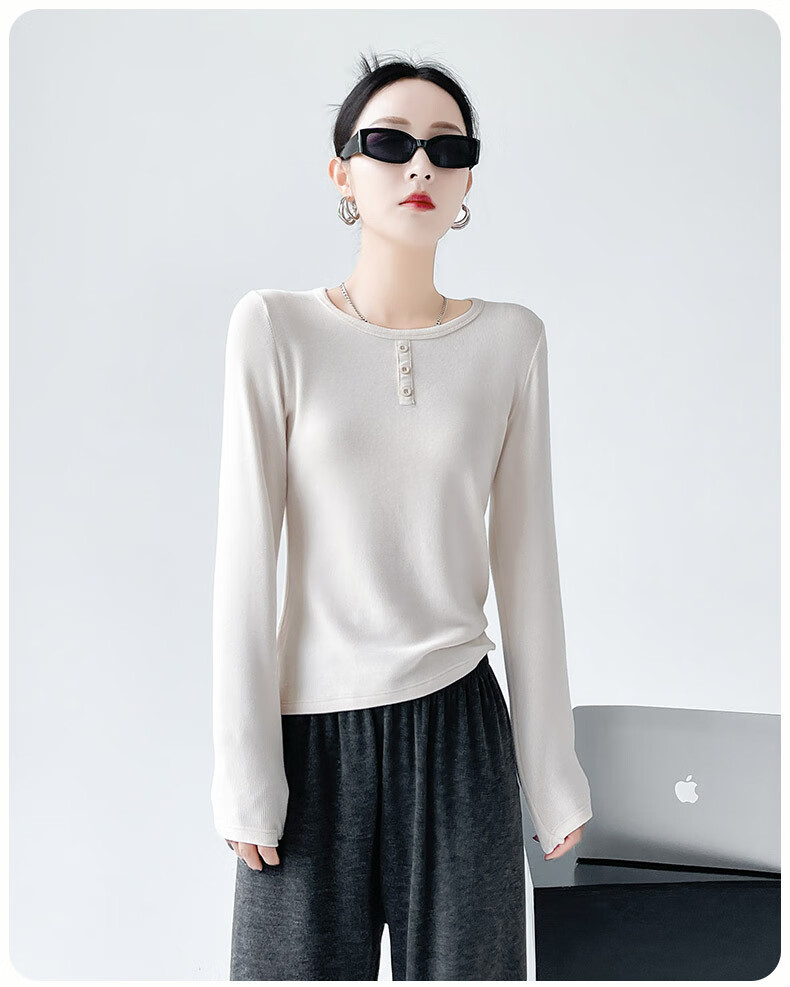 MiiOW Long-Sleeve T-Shirt for Women, Round Neck Knitted Base Layer, New Spring And Autumn 2025 Product, Inner Or Outer Wear, Slimming Top 5
