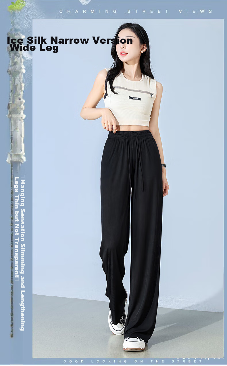 FitonTon Ice Silk Wide-Leg Pants for Women, Summer Lightweight High-Waist Draping Trousers, Loose Straight Casual Floor-Length Pants, Black, Size S 1