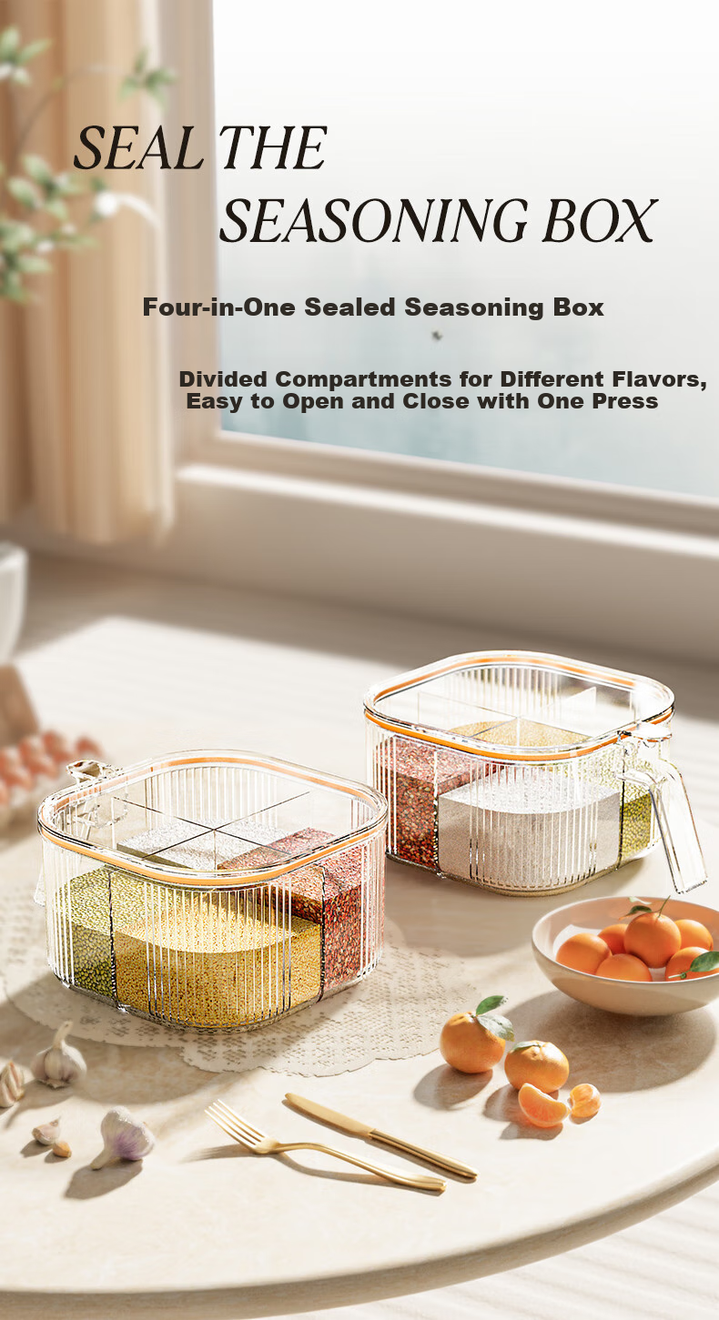 Shuwushuo Multi-Compartment Spice Container Set, Kitchen Salt Storage Box, Moisture-Proof Four-Compartment Seasoning Jar, Salt Container, Spice Jar Storage Box, Orange 3