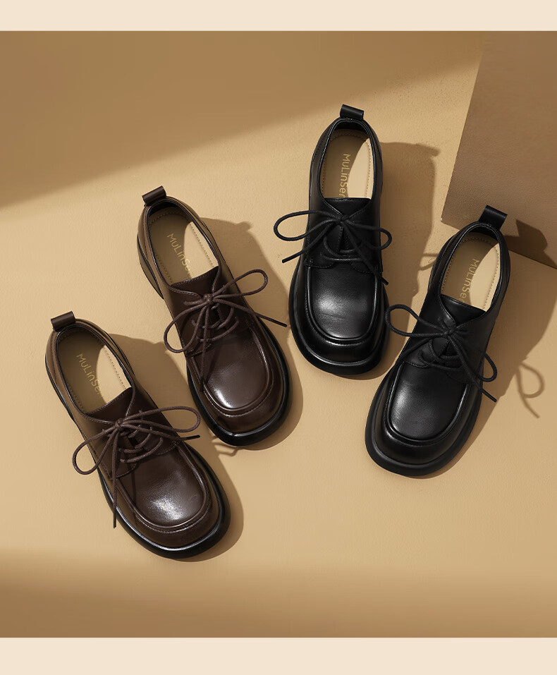 MULINSEN Women's Autumn Winter Fashion Versatile Loafers Thick Sole Height Increasing Commuter Leather Shoes Black Size 39 16