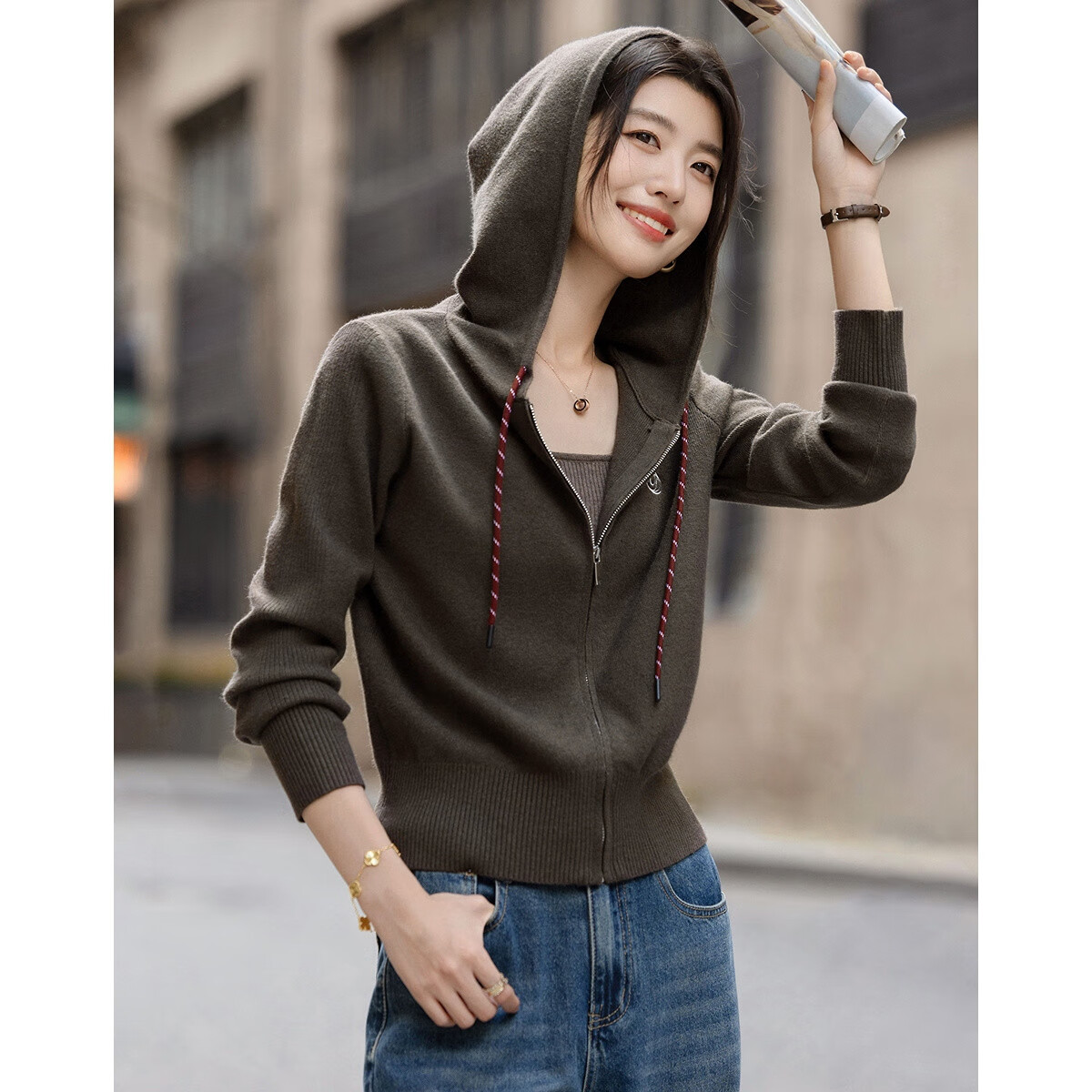 Demana Hoodie-Style Sweater Autumn Korean Style Letter Embroidered Hooded Color-Block Drawstring Fleece Yarn Knit Top for Women