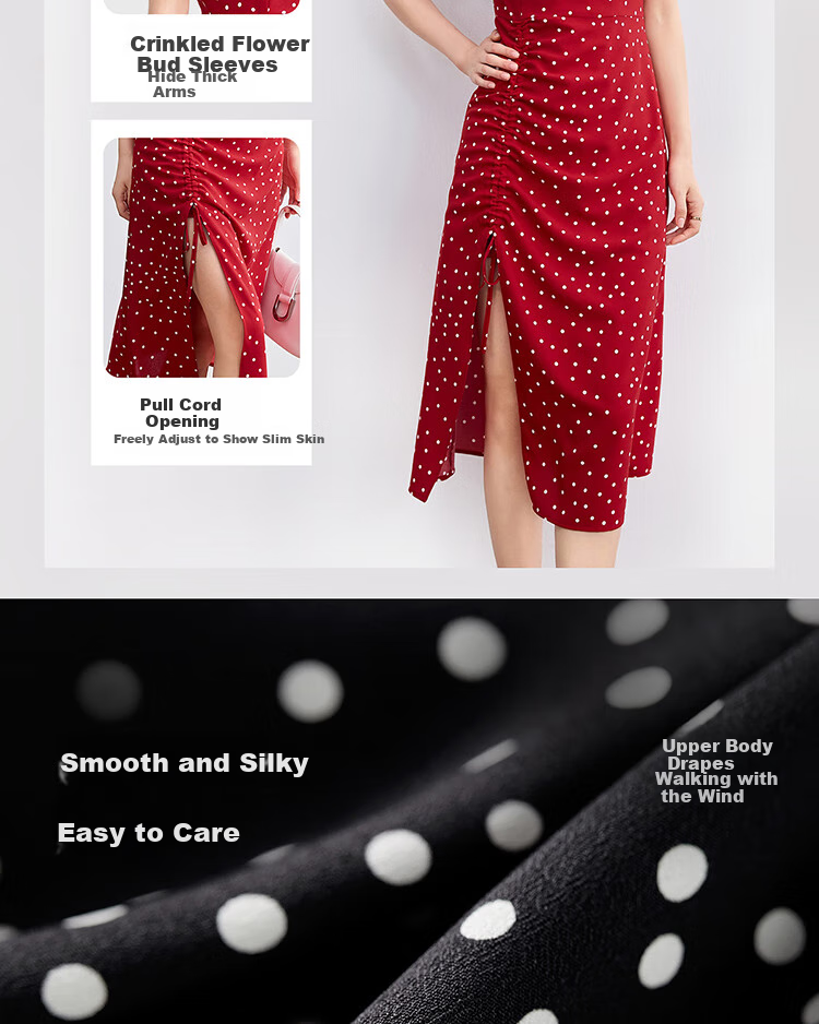 Sentubila French-Style Dress for Women, Summer Square Neckline, Ruched Sleeves, Vintage Polka Dot, Pleated Slit A-Line Skirt 4