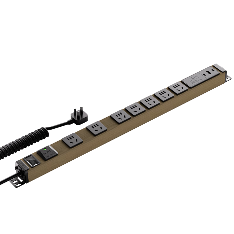 Demwood PDU Spring Cable Socket 10A Overload Switch Lightning Protection Large Spacing 65W Fast Charging Qingyun DMQY-TY10-XG7-KxFUt65 1.5mm² Wood Grain Brown