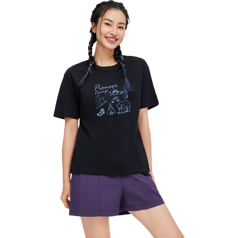 Toread Women's Pure Cotton T-Shirt Summer New Trendy Printed Short Sleeve Casual Drop Shoulder Crew Neck Base Shirt Milk Apricot M