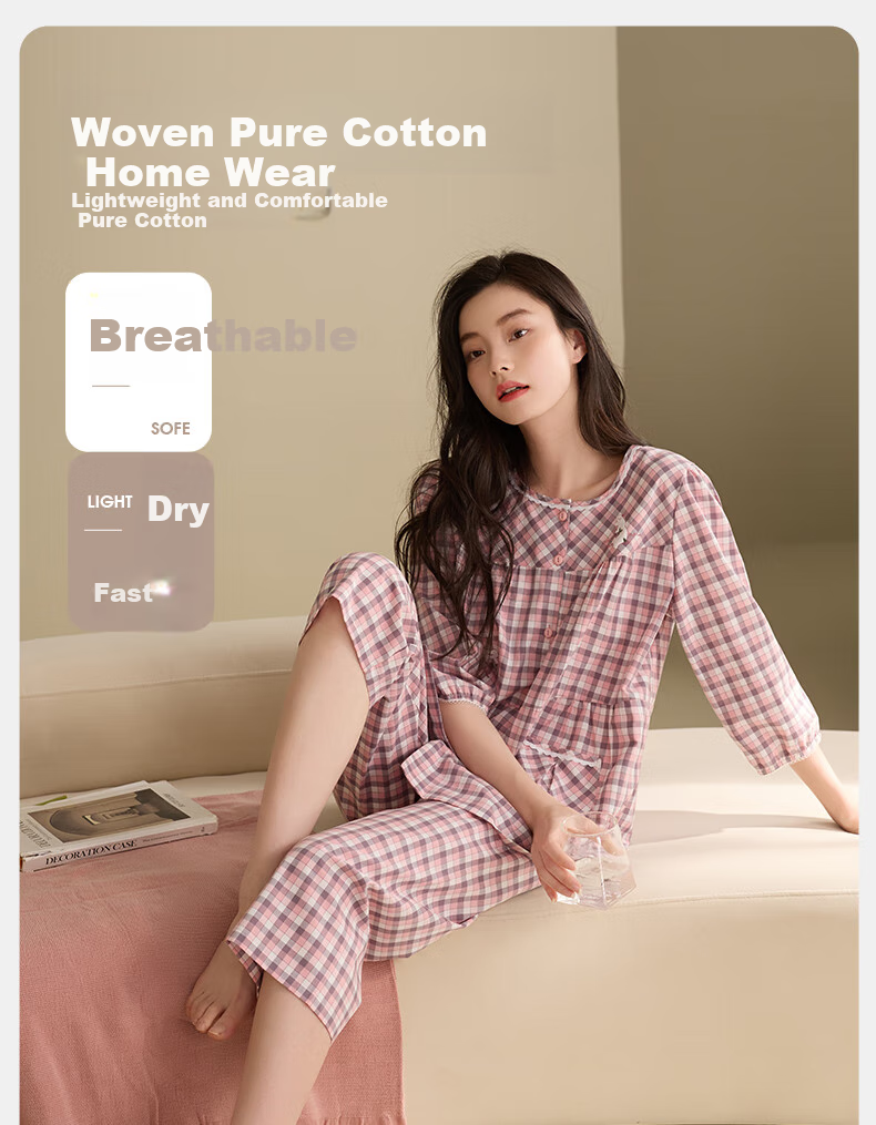 XULEN Women's Summer Pajamas Set with Woven Plaid Pure Cotton Three-Quarter Sleeves And Cropped Pants, Slimming Loungewear 1