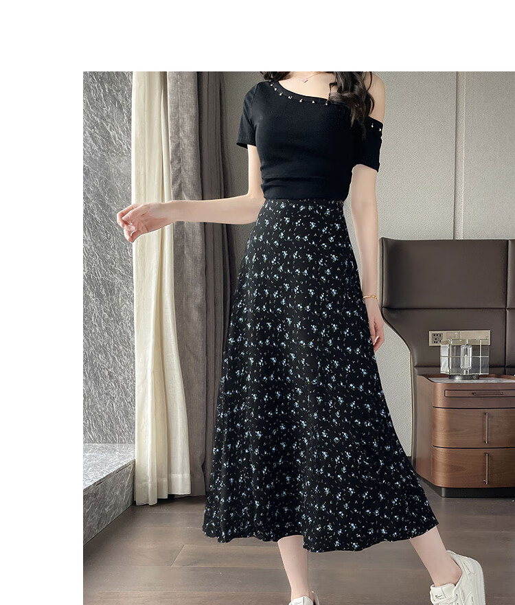 Awakening Paradise 2026 Summer New Slimming A-Line Mid-Length Skirt White Base Black Floral One Size 24