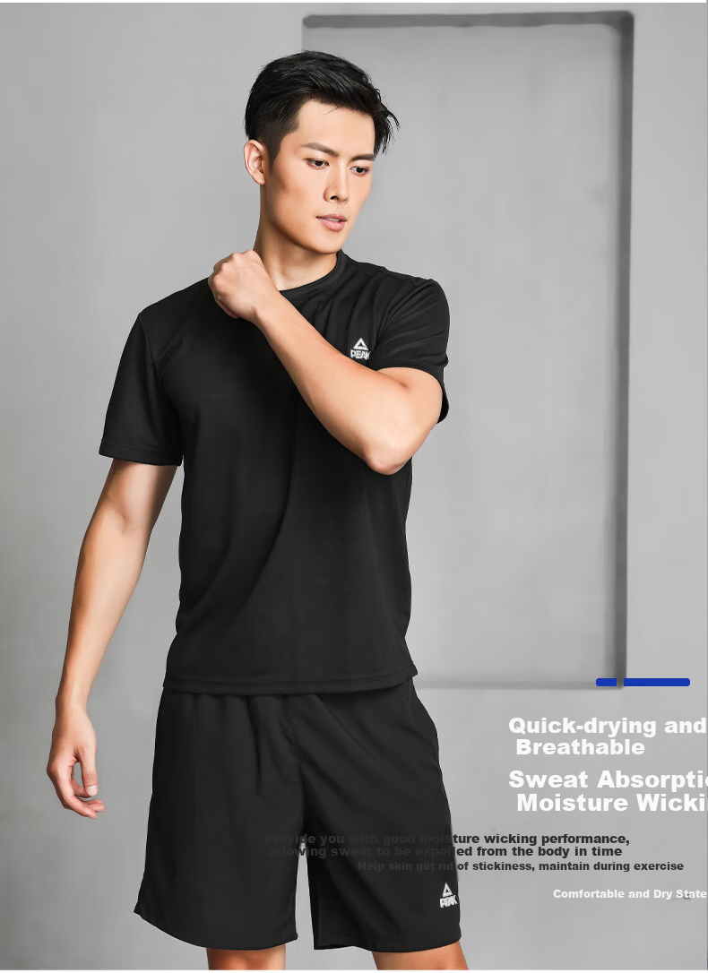 PEAK Badminton Outfit Men's Sports Set Quick-Dry Sweat-Wicking Breathable Elastic Fitness Training Two-Piece Set Black YS81306 (Short Sleeve + Shorts) Black 3XL 3