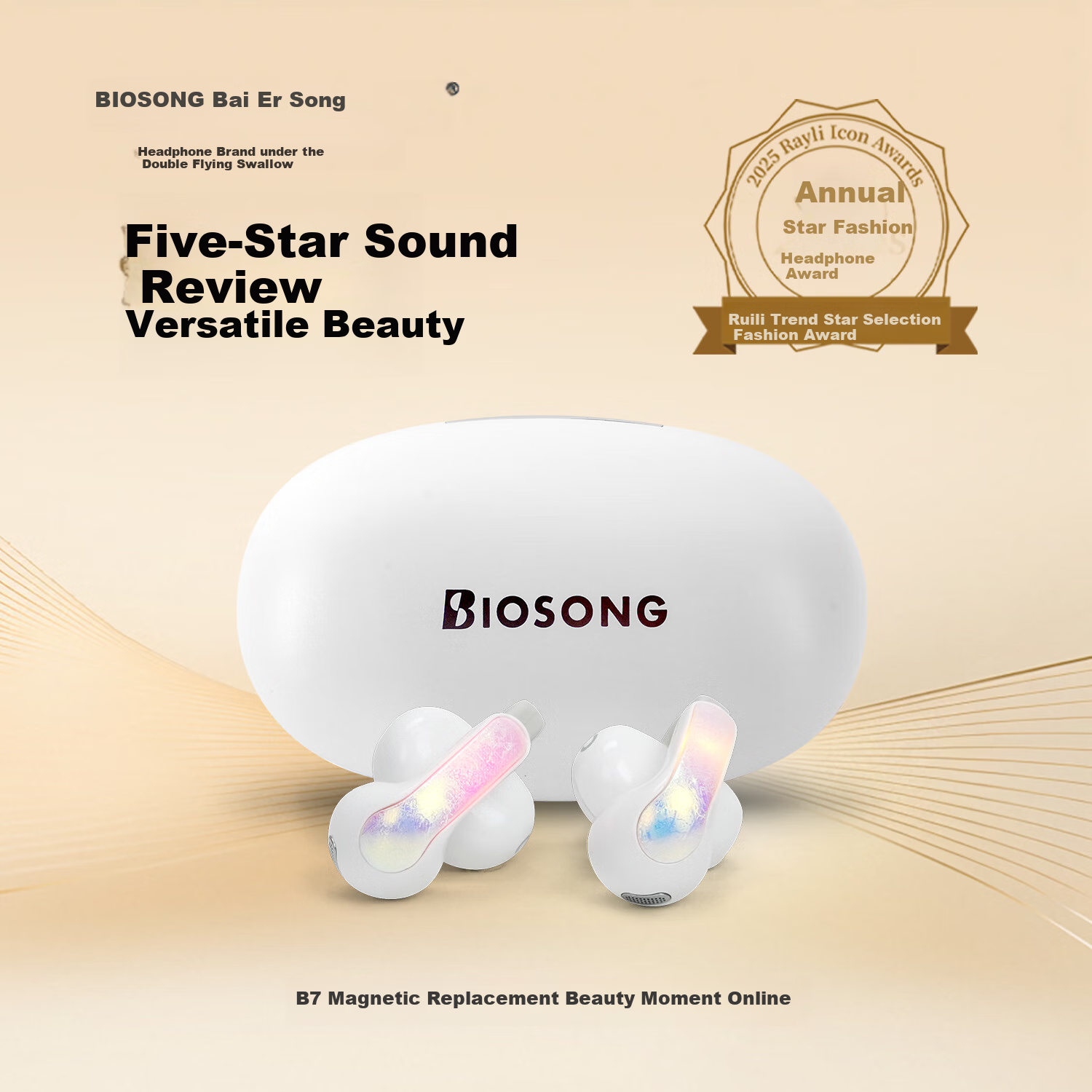 Baiersong B7 Open-Ear Bluetooth Headphones, Ear-Hook Style, for Sports And Running, Long Battery Life, AI Calling, Noise Reduction, Wireless Earphones, Fashionable Ear Clips, Suitable for Xiaomi And Apple, Pearl White
