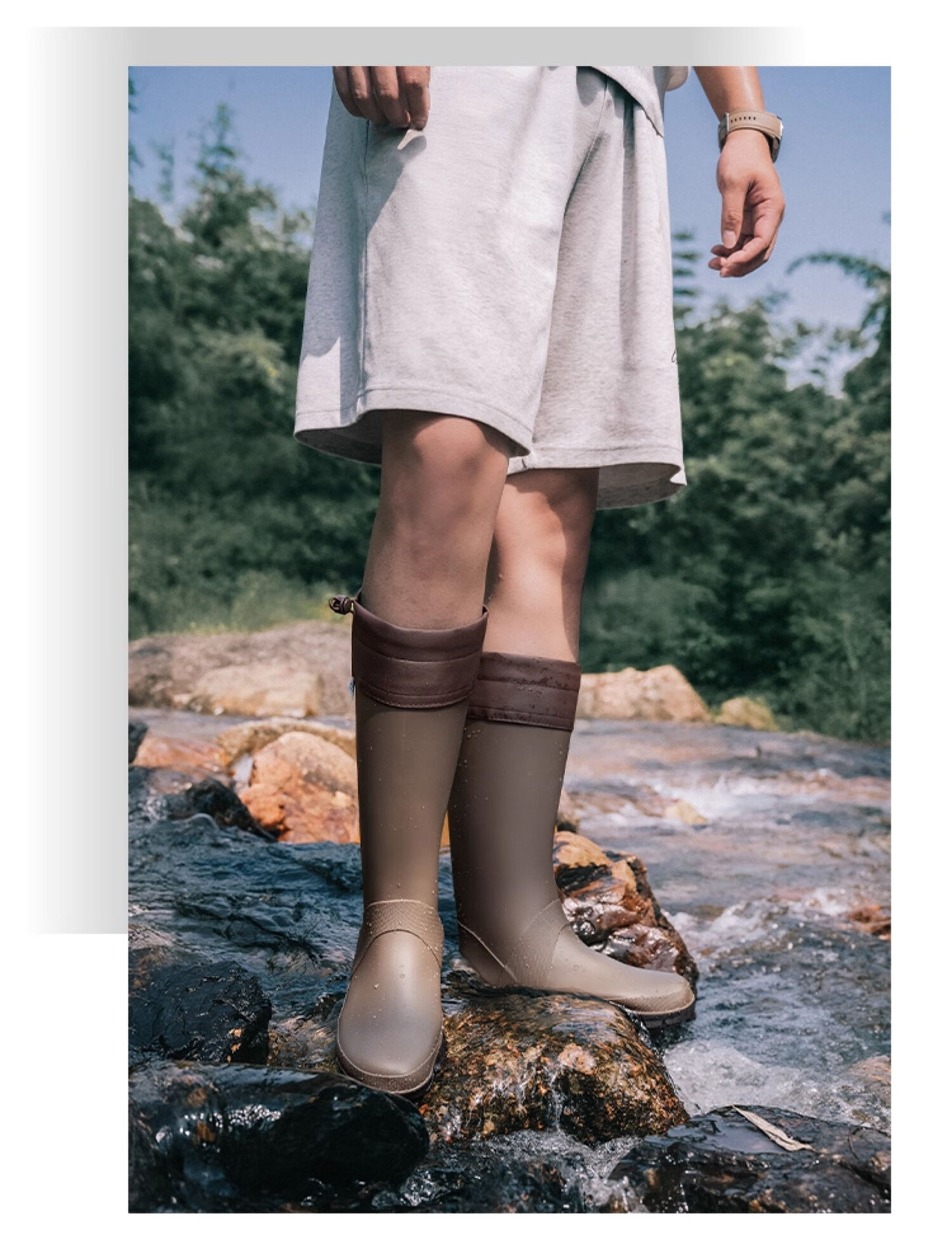 Warrior Unisex Outdoor Foldable Waterproof Rain Shoes Rubber Non-slip High Tube Rain Boots Camping Creek Shoes Brown Size 39 11
