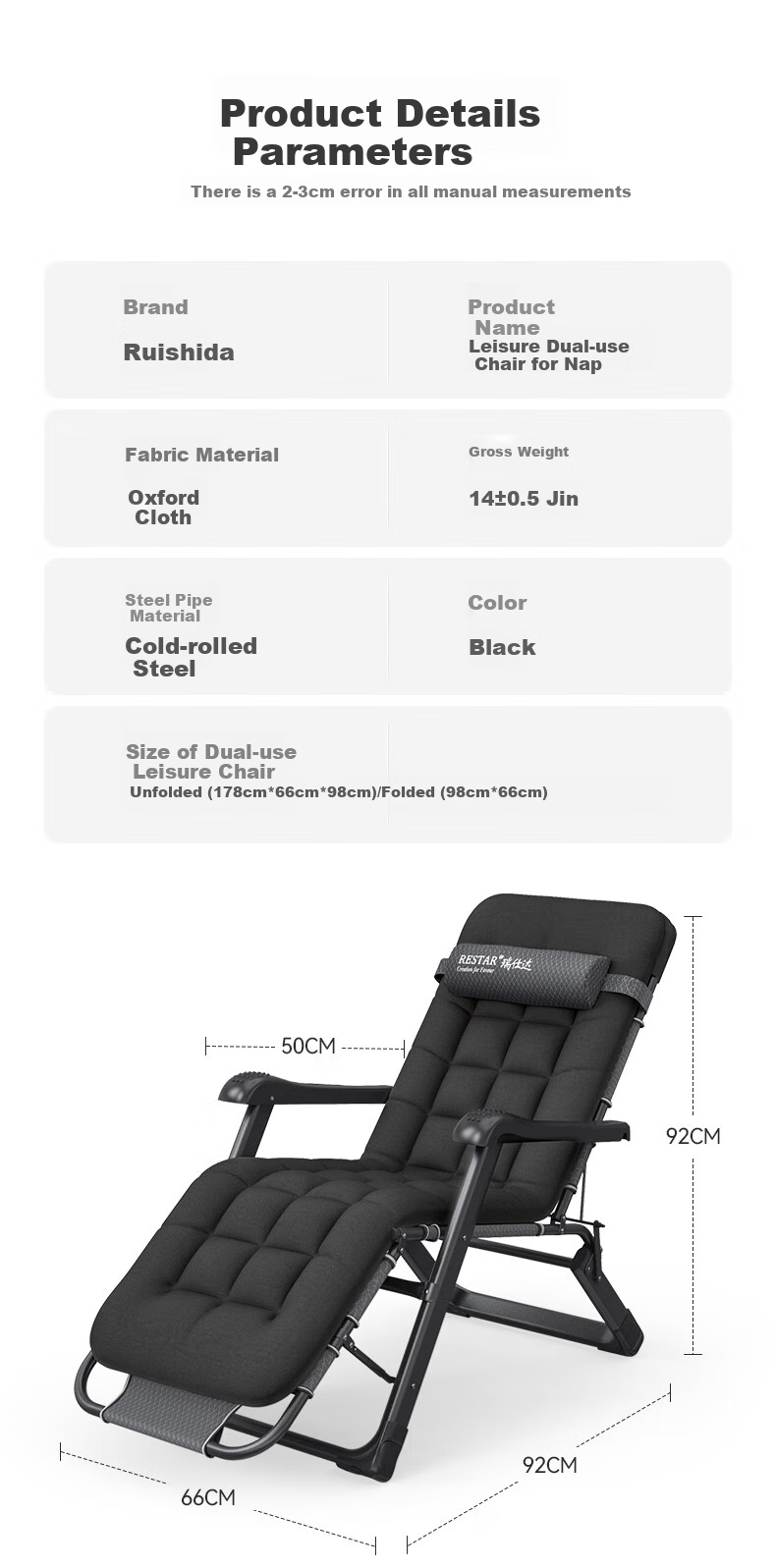 Restar Folding Bed Lounger, Office Nap Bed, Hospital Companion Care Folding Chair, Seatable And Reclining Chair with Cotton Pad 10