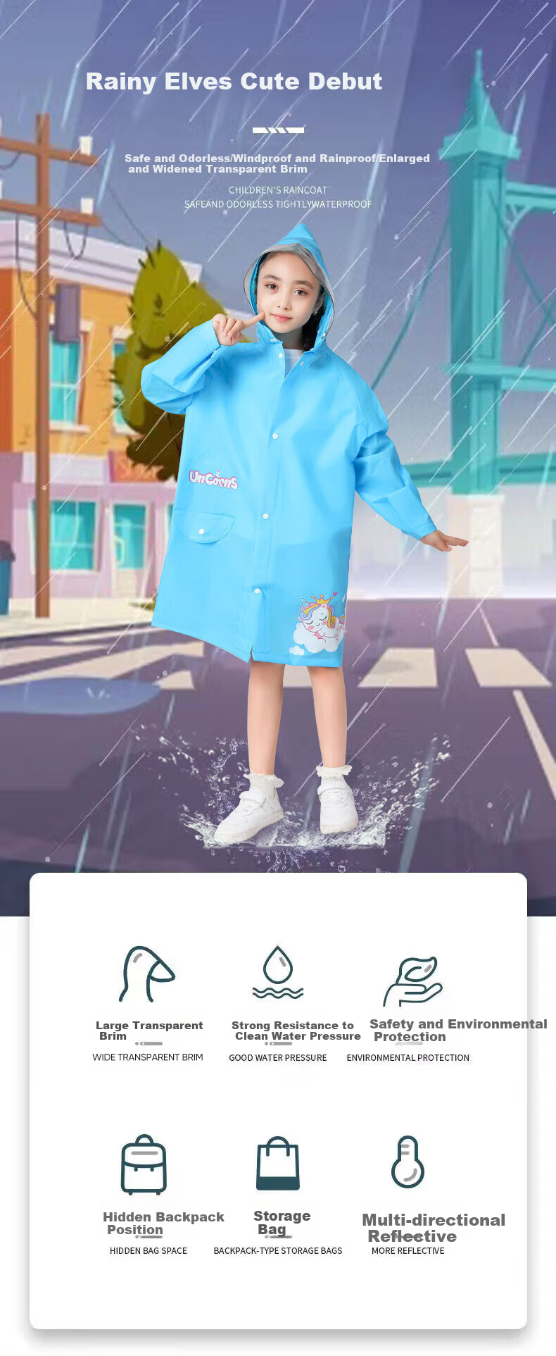 Shanshan Children's Raincoat, Kindergarten And Elementary School Boys And Girls, Large Brim Portable Cape, Enlarged Backpack Rain Poncho, Blue, Size L 1
