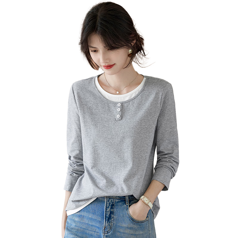 Taxiang Long-Sleeve T-Shirt for Women, Fashionable Faux Two-Piece Top, Round Neck, Versatile for Commuting, Slimming Base Layer, Women's T-Shirt T53T094