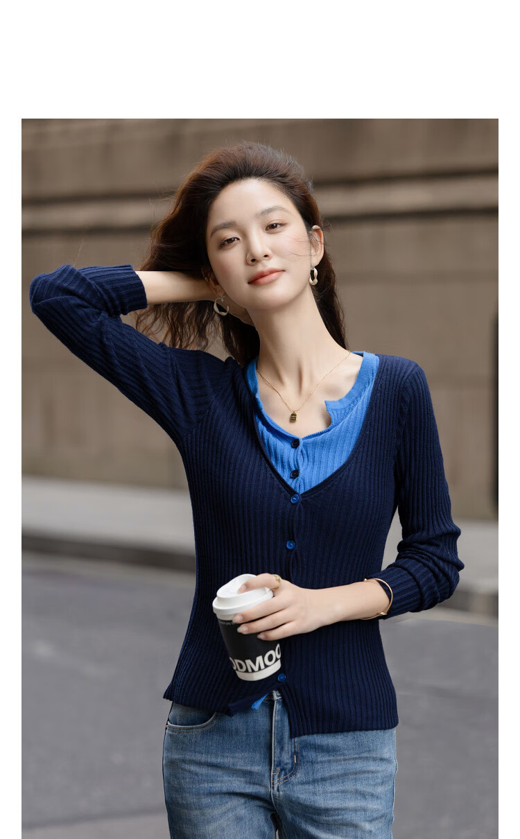 Demana【With Wool】Autumn Design Faux Two-Piece V-Neck Color-Block Slim Fit Cardigan Knitwear for Women 1