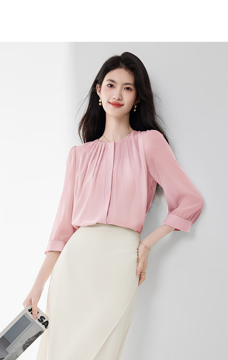 Sentubila Fashionable Round Neck Three-Quarter Sleeve Chiffon Blouse for Women, Autumn Elegant Youthful Style Office Wear Top, White, Size S 9