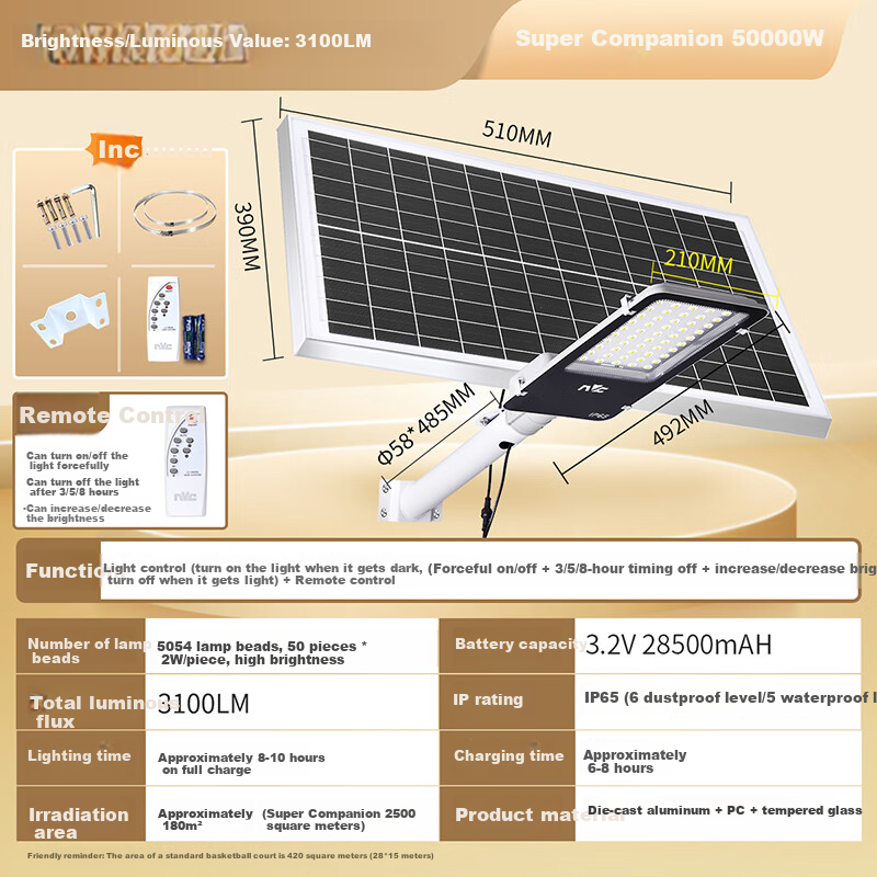 NVC Solar Outdoor Lighting Lamp Street Light Floodlight Exterior Courtyard Light with Remote Control, 3100lm+ Illuminates about 180㎡
