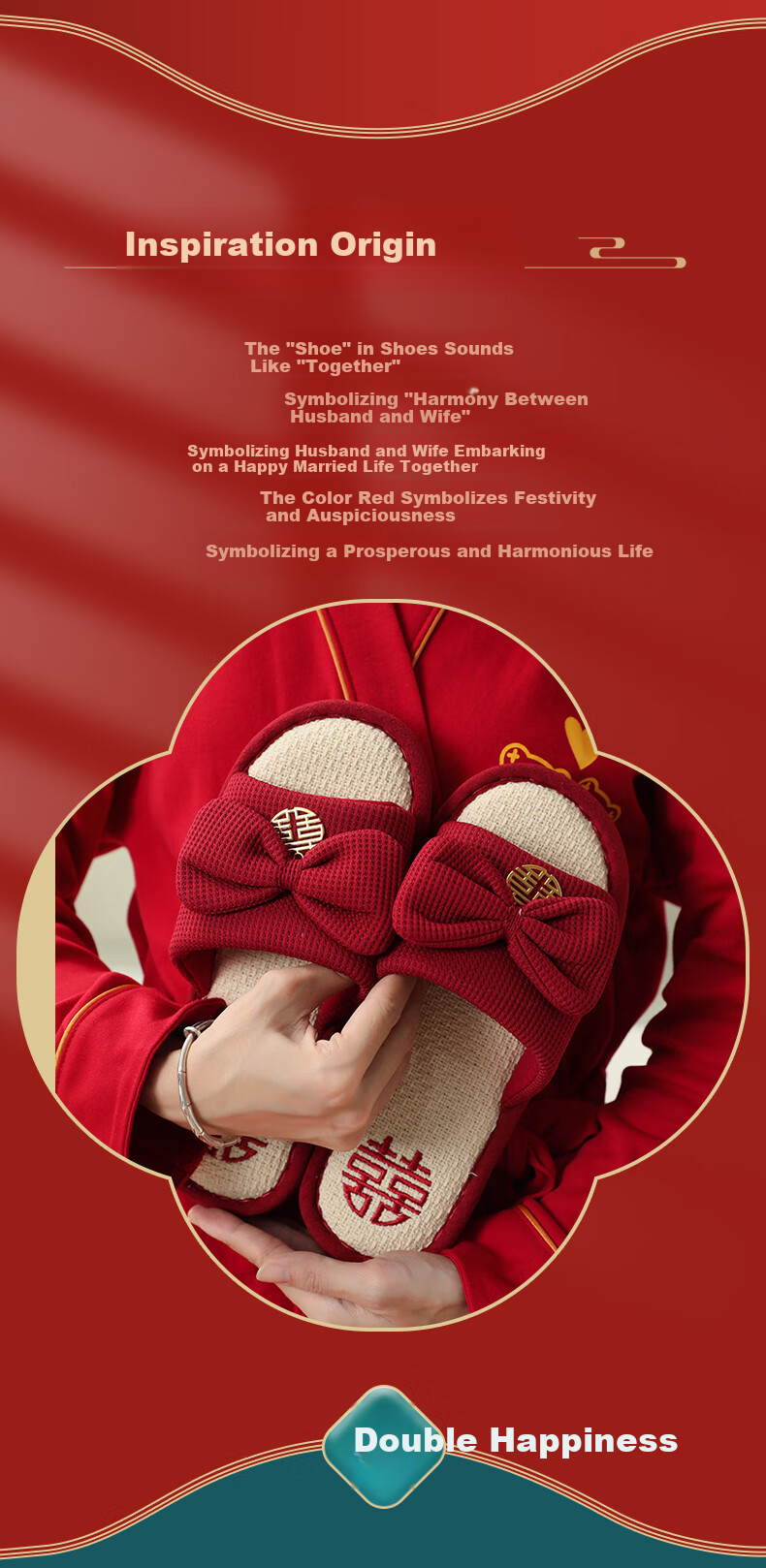 FOOTOPPO Couple's Wedding Linen Red Slippers, New Bride Red Wedding Shoes, Women's Summer Bright Red Pure Linen Soft-Soled Slippers, Men's Slippers 2