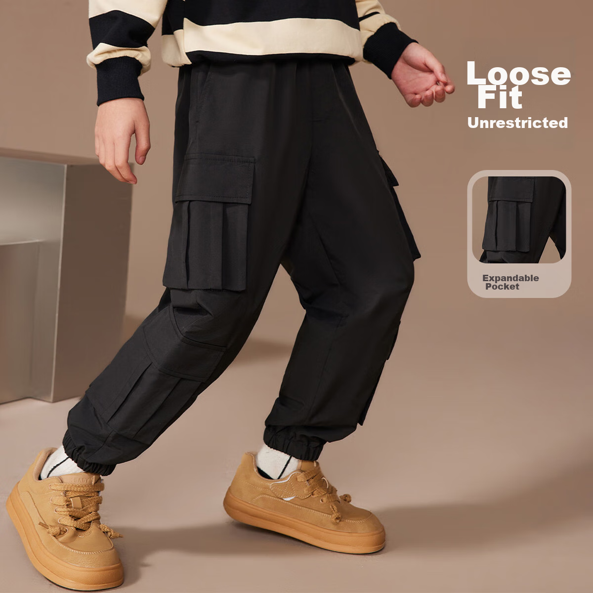 ASK JUNIOR Boys' Pants, 2026 Autumn Children's Fashionable Versatile Cargo Pants, Running Trousers, Black, Size 110