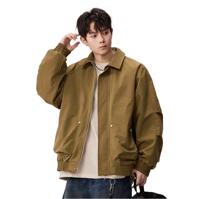 FAIRWHALE Men's Turn-Down Collar Jacket Spring Autumn New American Casual Loose Workwear Coat 2XL Earth Tone