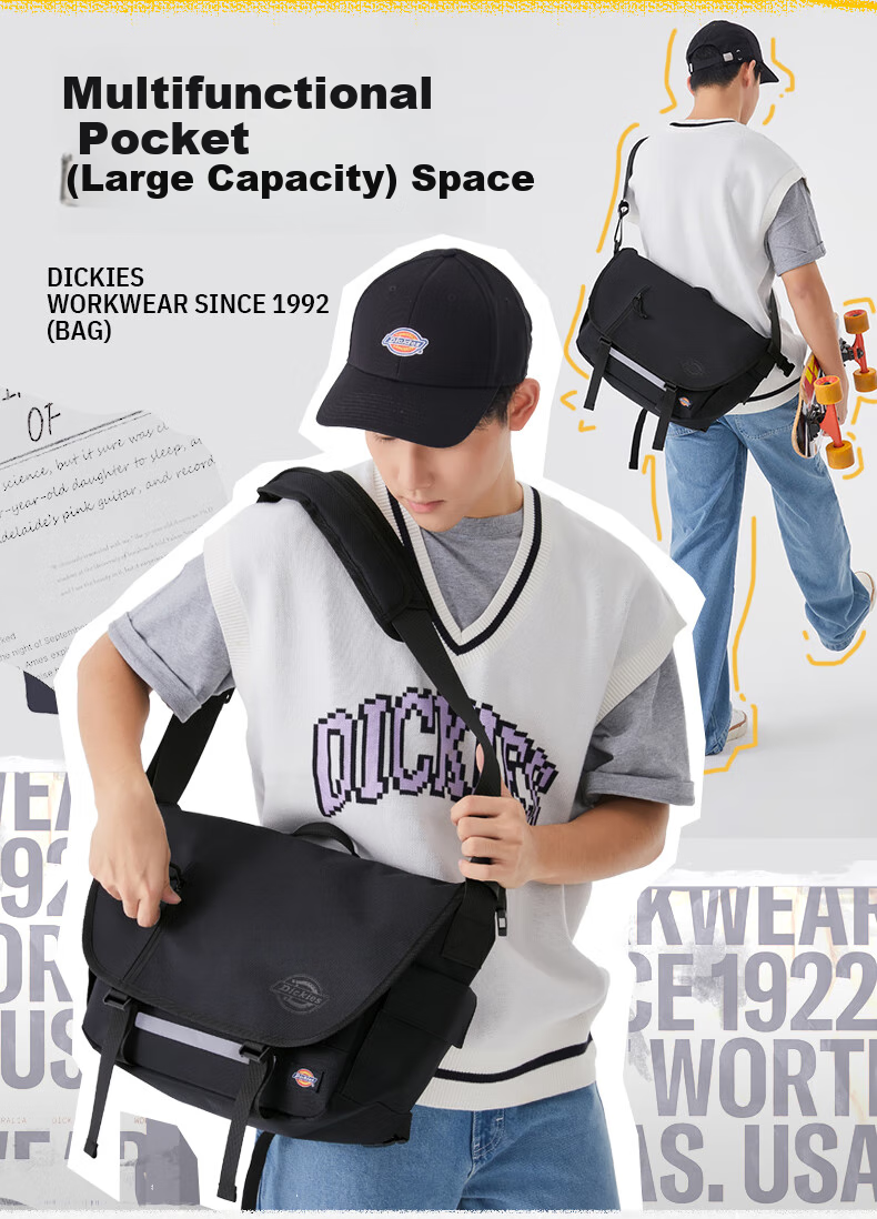 Dickies Shoulder Bag for Men, Large Capacity Crossbody Bag with Multiple Compartments, Waist And Chest Pack for Men And Women Students, Lightweight Cycling Travel Canvas Bag DK 3
