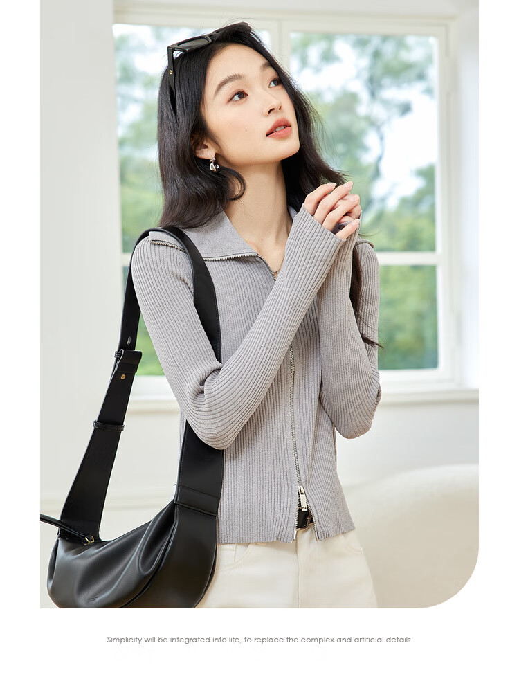 Fansiman Double Zipper Knit Sweater Women Autumn New Slim Fit Cardigan Blue M 7